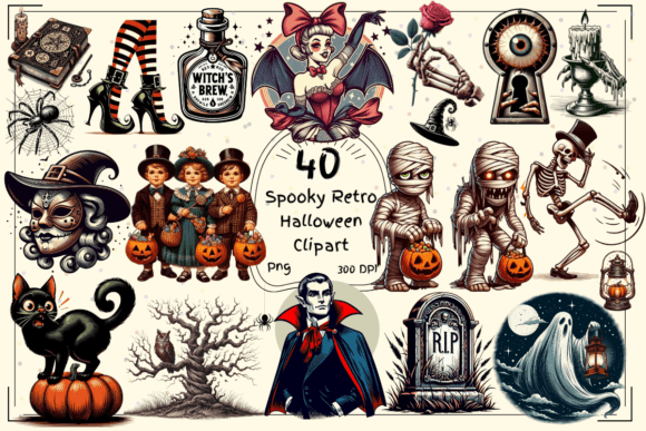 Retro Halloween Clipart Collection Vol.3: Vintage Spooktacular Design Assets