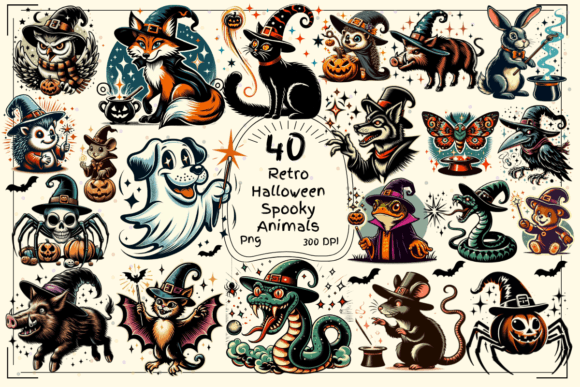 Unleash Vintage Vibes: 40 Retro Halloween Spooky Animals